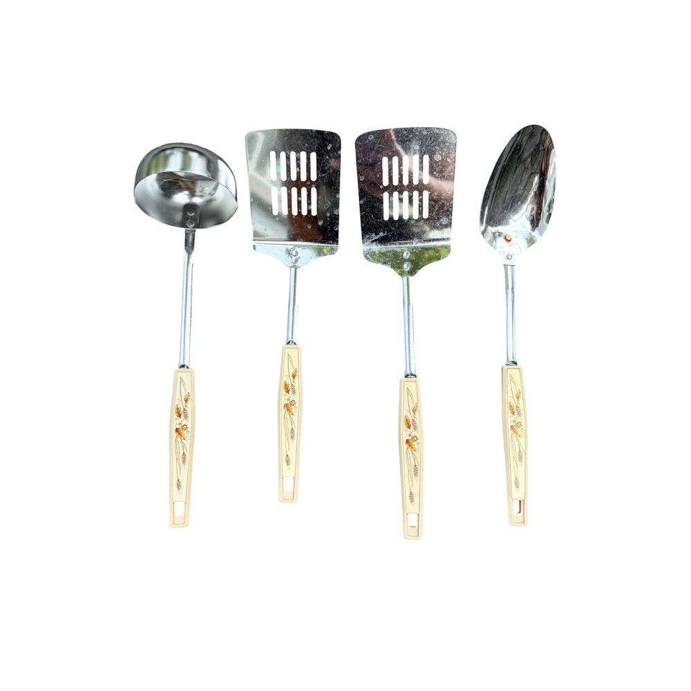 Vintage 4pc Kitchen EKCO Utensil Set Wheat Stainless Steel Ladle Spatula Spoon